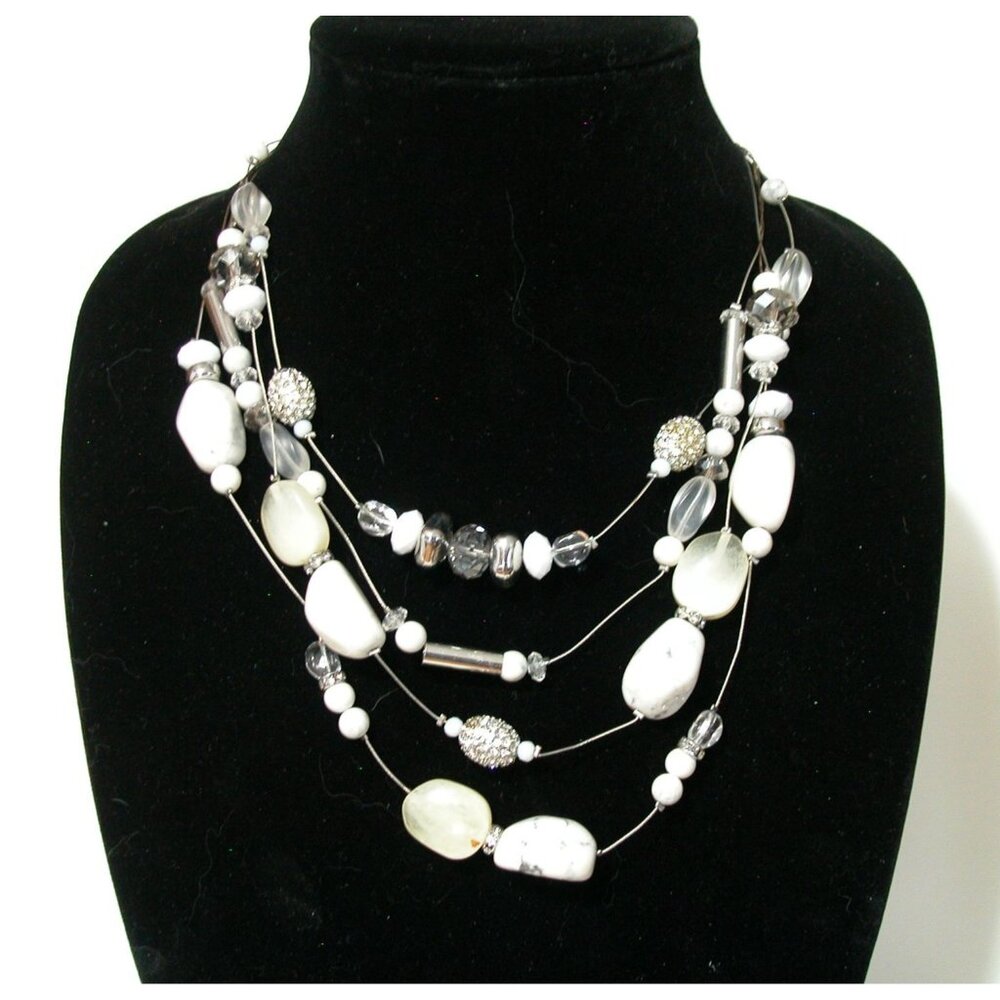 Multi-Strand Beaded Necklace With Glass & Stone Beads In Silver & White